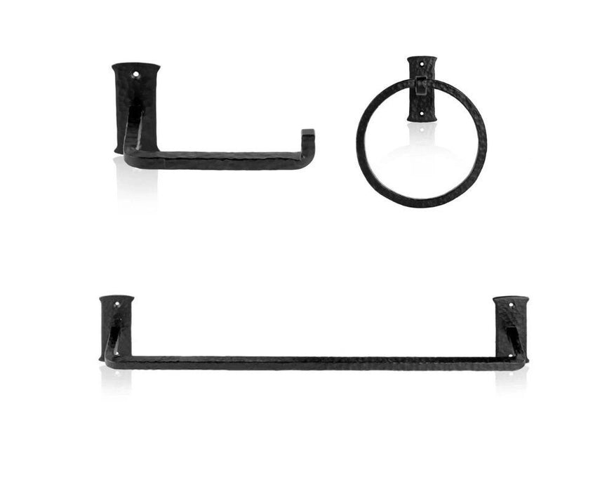 3pc Bathroom Set - Blacksmith Hand Forged - Towel Rail, Ring and Toilet Paper Holder - Wrought Iron - Hammered Square Finish