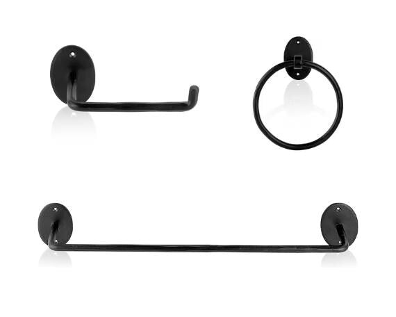 3pc Bathroom Set - Blacksmith Hand Forged - Towel Rail, Ring and Toilet Paper Holder - Wrought Iron - Hammered Oval Finish