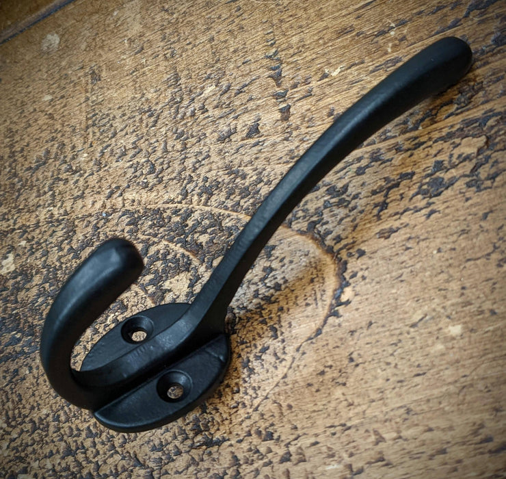 Cast Iron Hooks - Decorative Wall Mounted Double Prong Hooks for Hanging Coats etc - Painted Black Finish - Screws Included