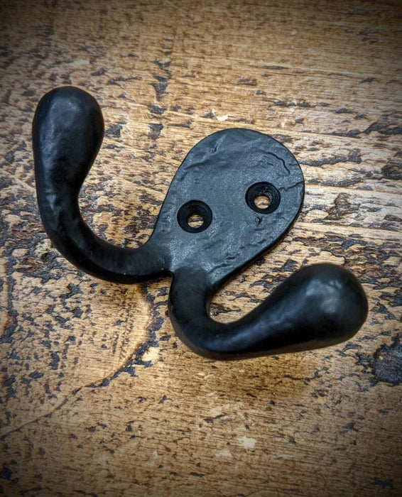 Wrought Iron Hooks - Hand Forged Decorative Wall Mounted Double Prong Hooks for Hanging Coats etc - Painted Black Finish - Screws Included
