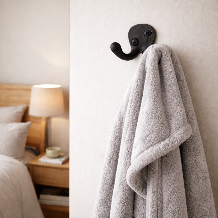 Wrought Iron Hooks - Hand Forged Decorative Wall Mounted Double Prong Hooks for Hanging Coats etc - Painted Black Finish - Screws Included