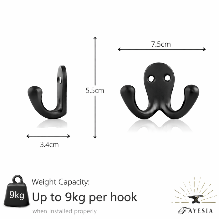 Wrought Iron Hooks - Hand Forged Decorative Wall Mounted Double Prong Hooks for Hanging Coats etc - Painted Black Finish - Screws Included
