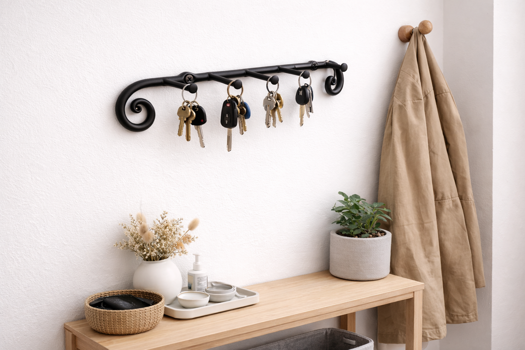 Fayesia Key Hooks - Blacksmith Handcrafted - Wrought Iron Key Holder for Wall (Black)
