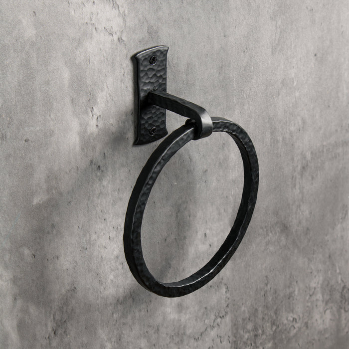 3pc Bathroom Set - Blacksmith Hand Forged - Towel Rail, Ring and Toilet Paper Holder - Wrought Iron - Hammered Square Finish