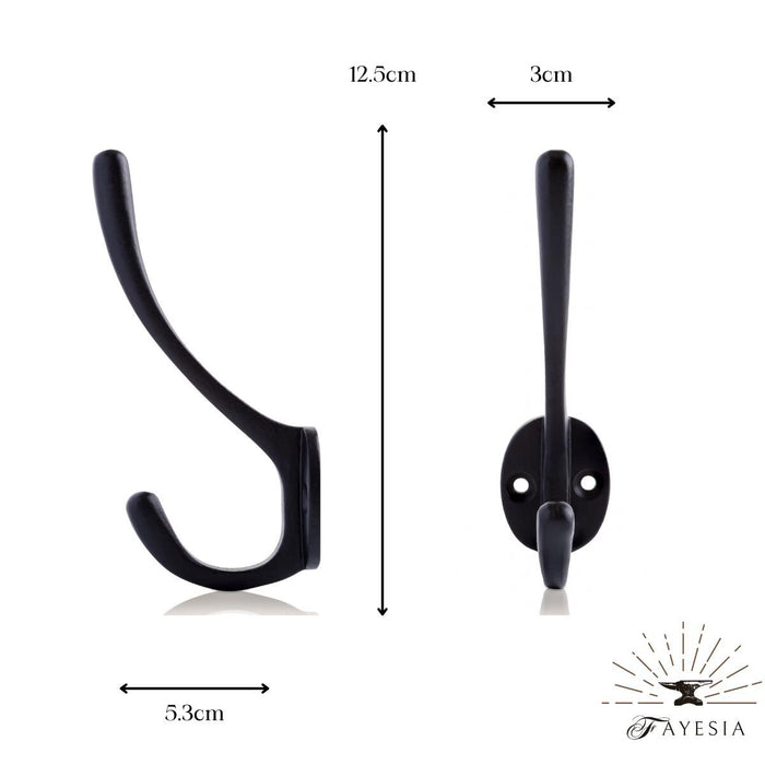 Cast Iron Hooks - Decorative Wall Mounted Double Prong Hooks for Hanging Coats etc - Painted Black Finish - Screws Included