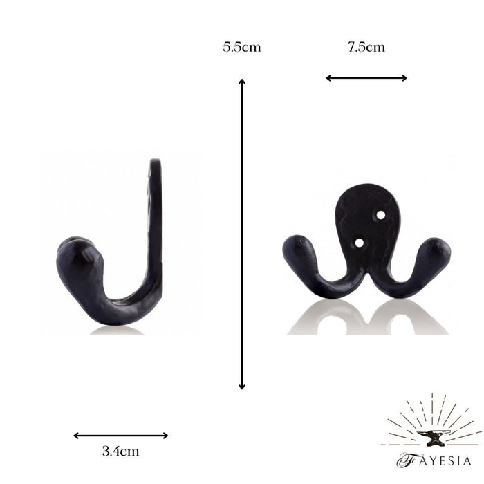Wrought Iron Hooks - Hand Forged Decorative Wall Mounted Double Prong Hooks for Hanging Coats etc - Painted Black Finish - Screws Included