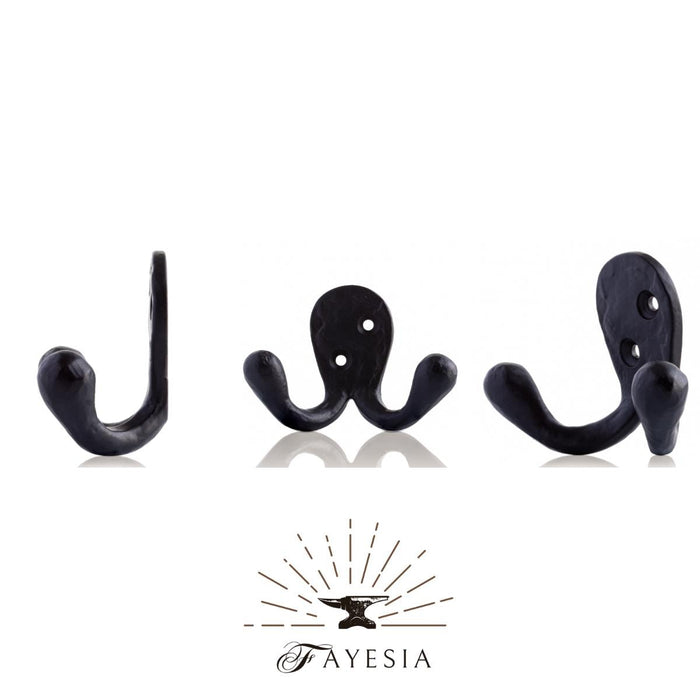 Wrought Iron Hooks - Hand Forged Decorative Wall Mounted Double Prong Hooks for Hanging Coats etc - Painted Black Finish - Screws Included